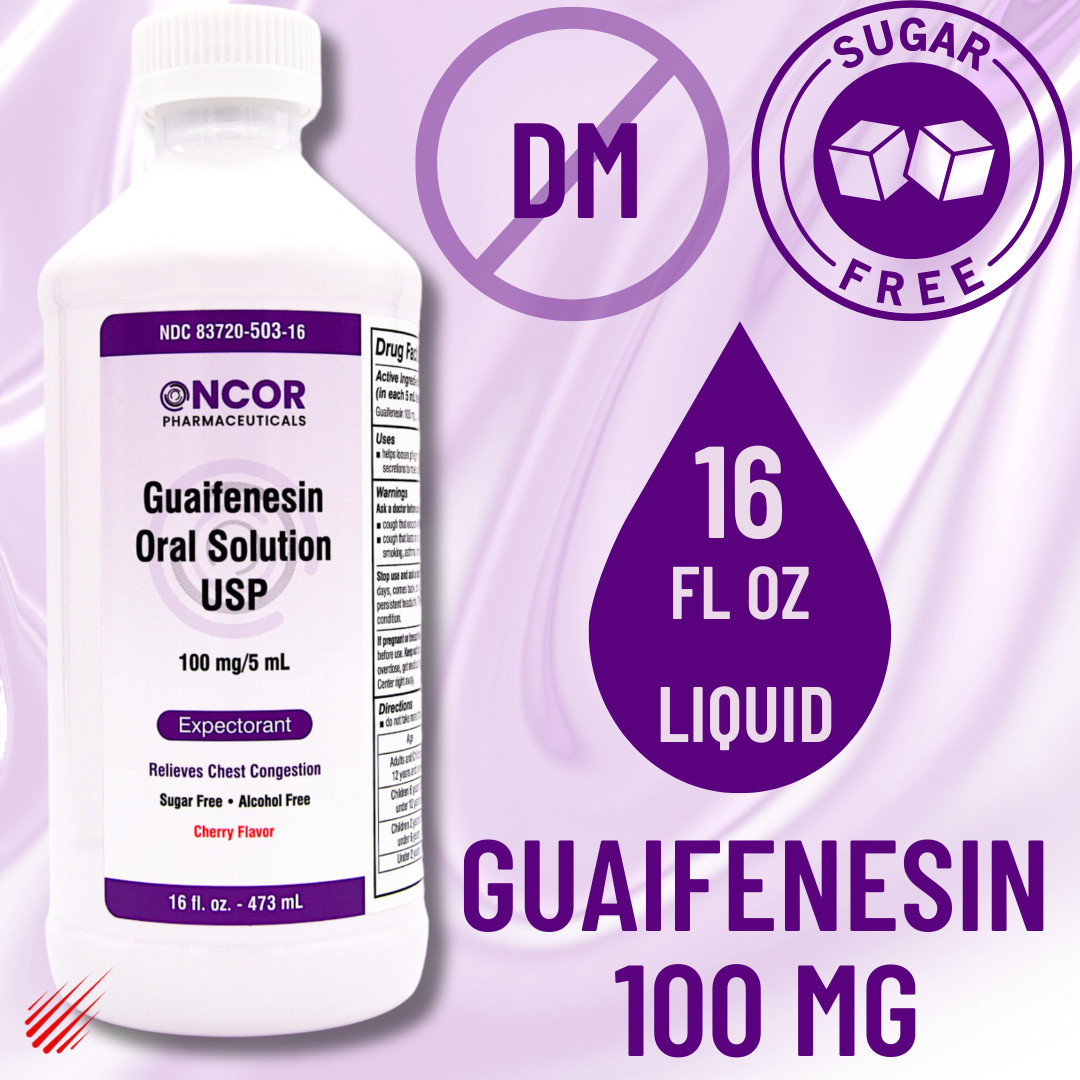 Guaifenesin Liquid 100 mg/5 mL – 16 fl oz (12 Pack) | Oncor | No DM Expectorant