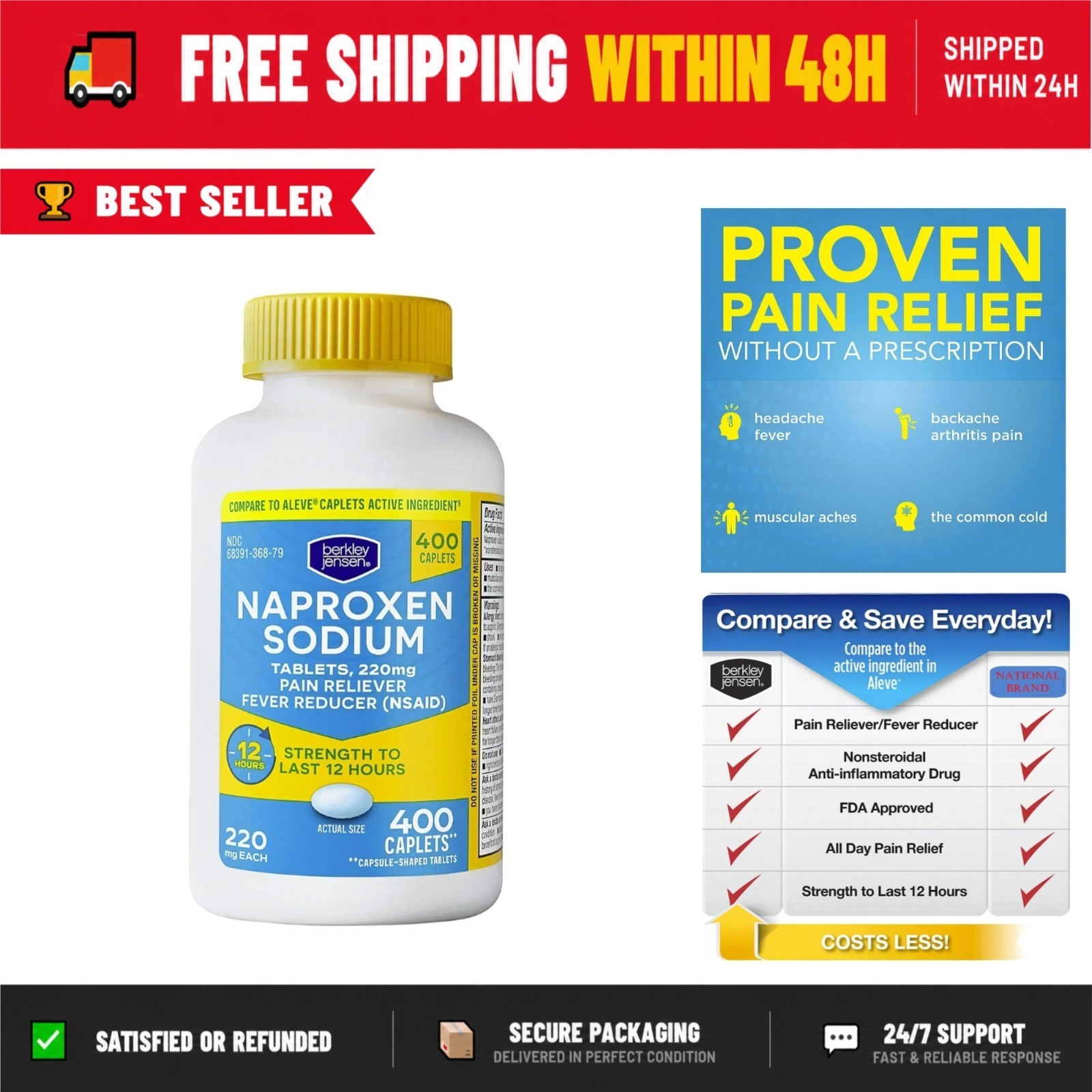 Berkley Jensen Naproxen Sodium Tablets 220 mg Pain Reliever 400 Count