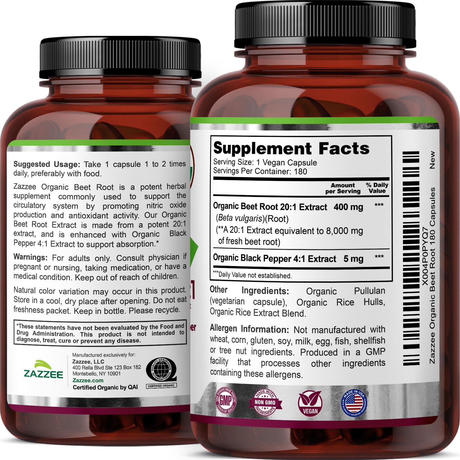 USDA Organic Beet Root 8000 mg Strength 20:1 Extract, 180 Vegan Capsules, Kosher