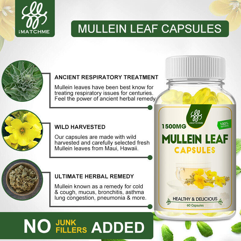 Mullein Leaf Capsules For Lung Cleansing & Detox Herbal Dietary Supplement Pills