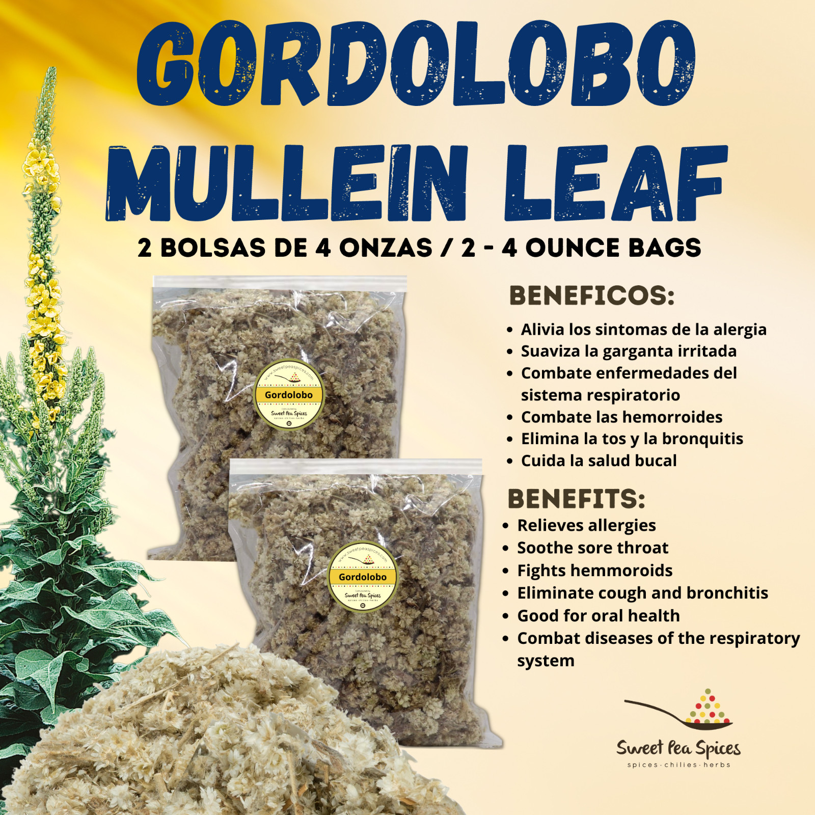 Gordolobo Mullein Leaf 8 oz (2 – 4 oz)-227g. Con problemas respiratorios, Asma