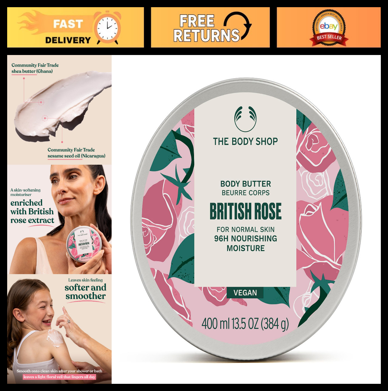 Intense Moisture Body Butter | 96HR Nourishing Cream for Dry Skin, 13.5 Oz