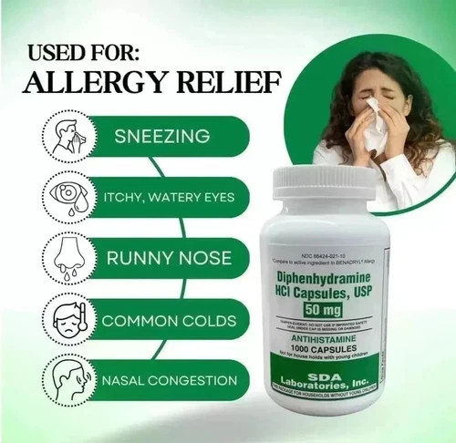 DIPHENHYDRAMINE 50MG 1000ct capsules, SDA LABS, Allergy Relief Exp-02/2029