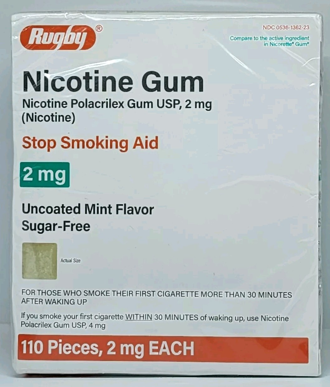 Rugby Nicotine Gum 2 mg 110 Count Uncoated Mint Sugar-Free New Exp. 09/2026