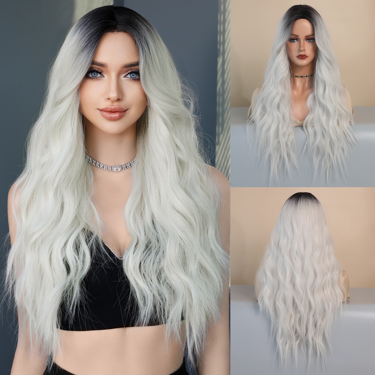 Gradually changing silver white parted long curly hair small lace forehead ladie