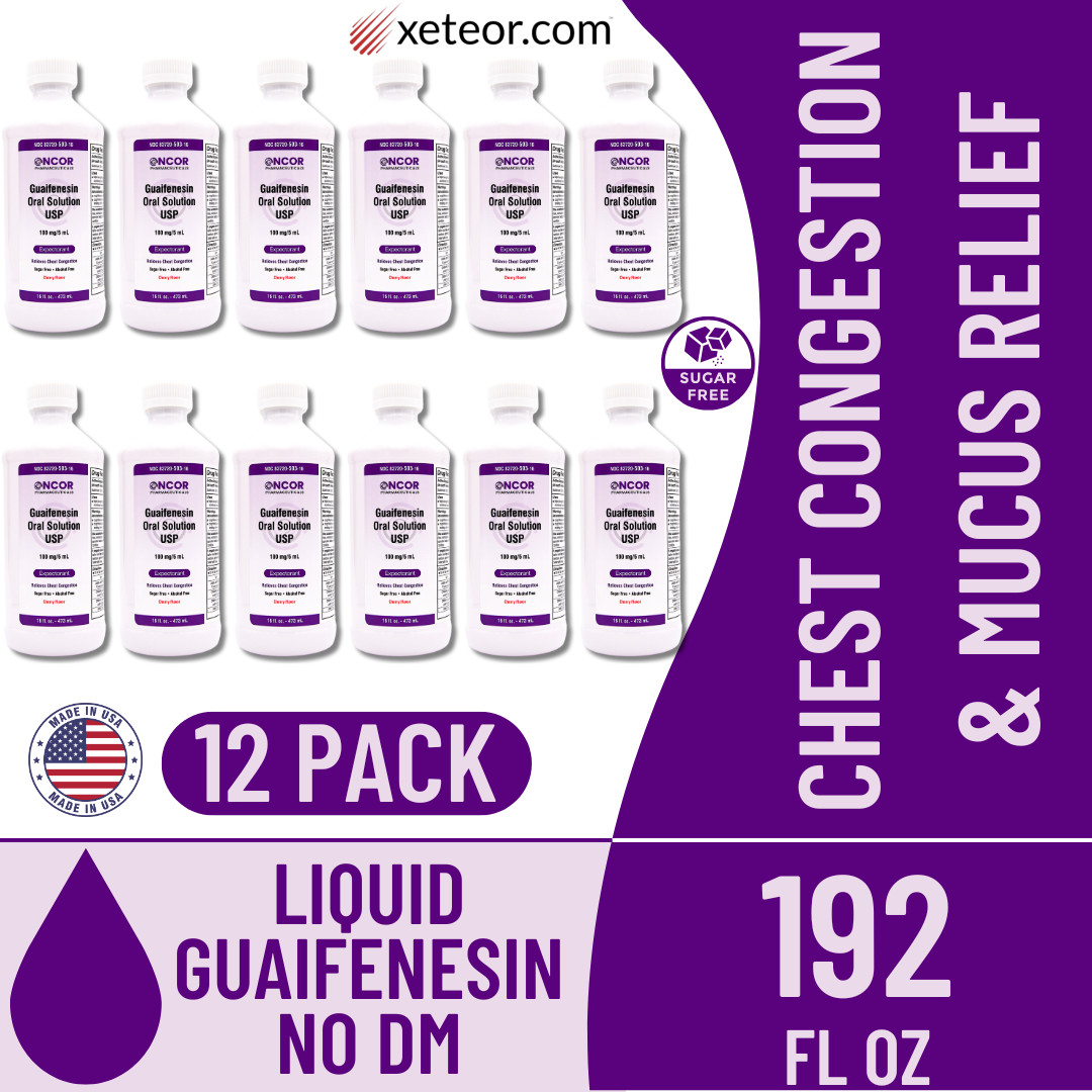 Guaifenesin Liquid 100 mg/5 mL – 16 fl oz (12 Pack) | Oncor | No DM Expectorant