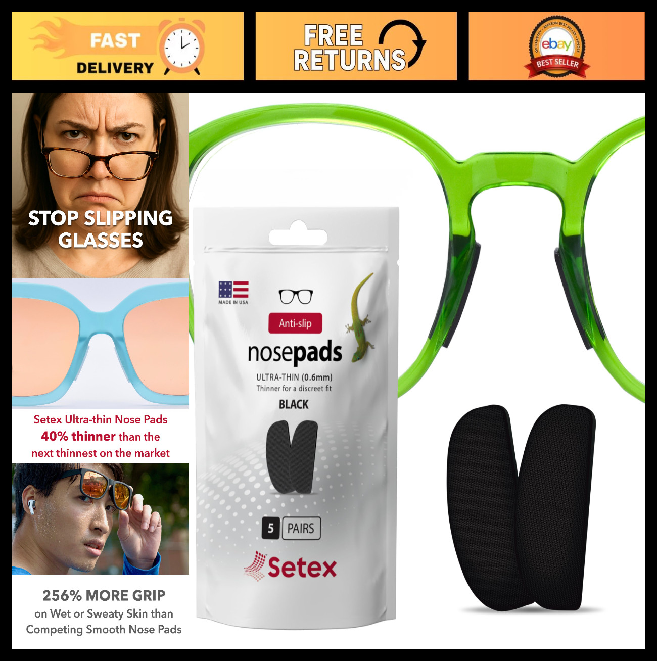 Ultra-Thin Anti-Slip Eyeglass Nose Pads – 5 Pairs Black, 0.6mm, USA Made, Micros