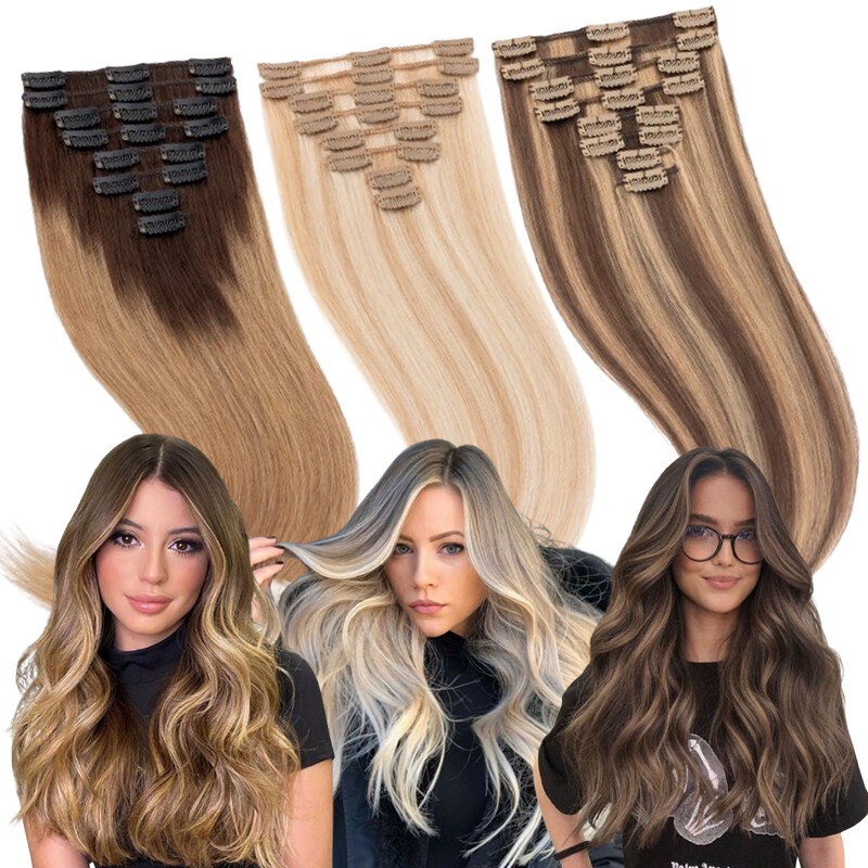 Clip in 8 Pieces 100% Remy Human Hair Extensions Full Head Straight 16″18″20″