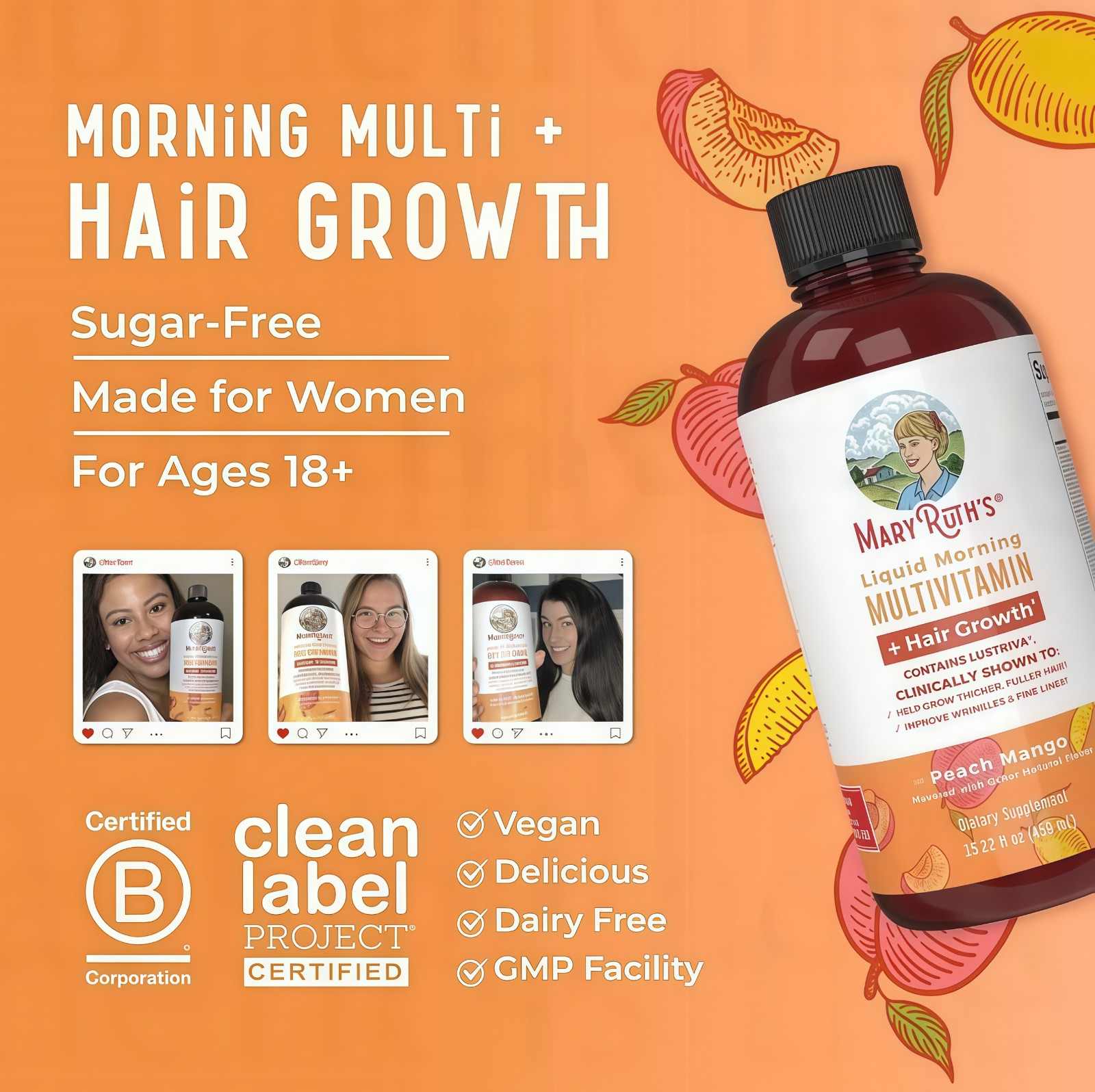 Mary Ruth’s Multivitamin + Hair Growth | 3 Pack | Peach Mango 15.22 oz brand…*
