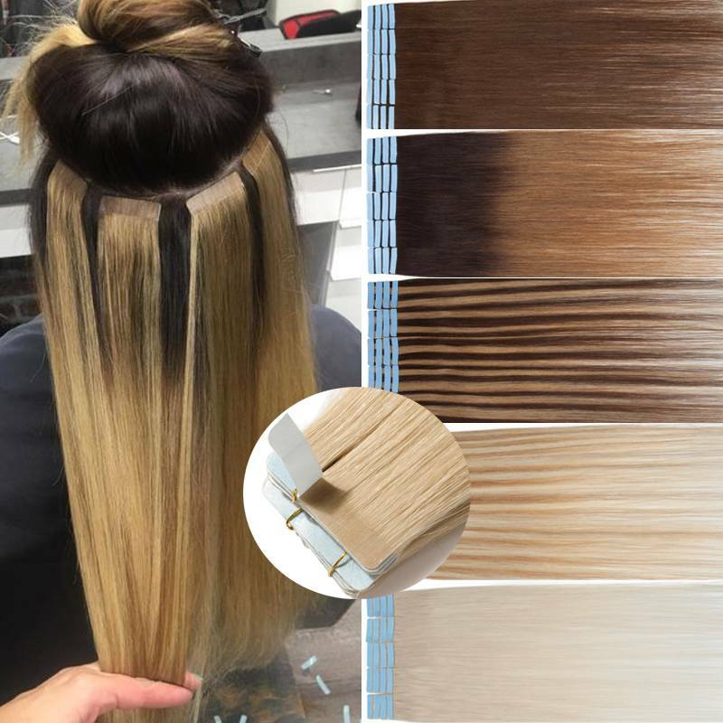 Invisible Tape In Human Hair Extensions Full Head Skin Weft Blonde Thick Glue US