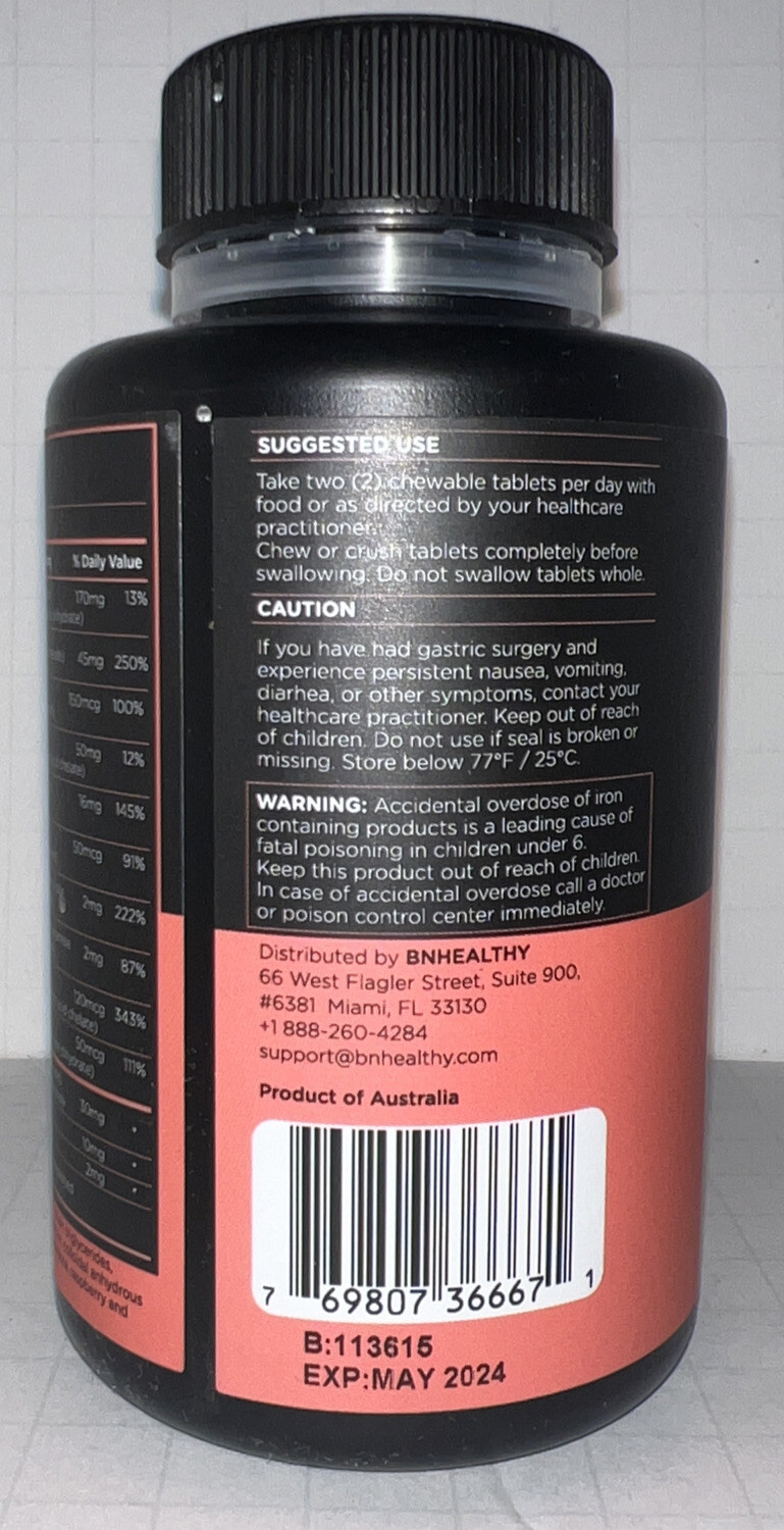 BN Chews Raspberry (with Iron) – Chewable Bariatric Multivitamins – 60 Tablets