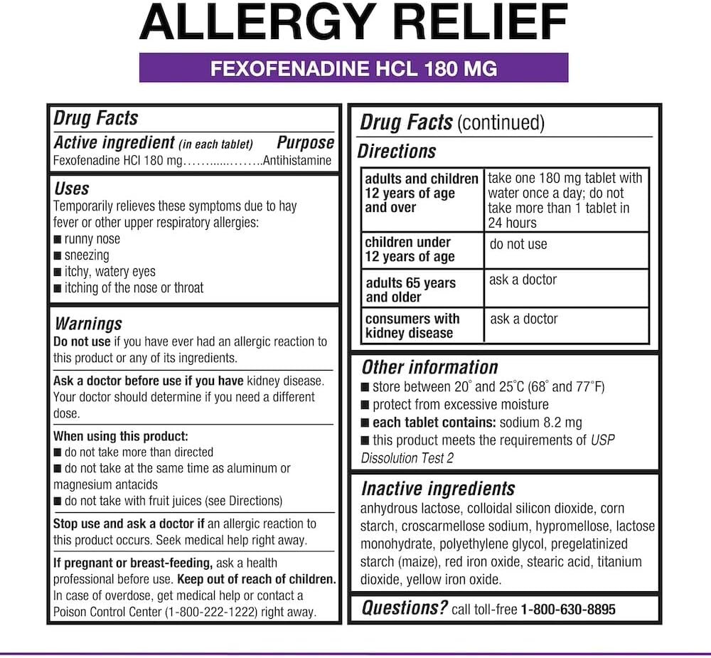 Puregen Labs Allergy Relief | Fexofenadine HCl 180 mg | 100 Tablets
