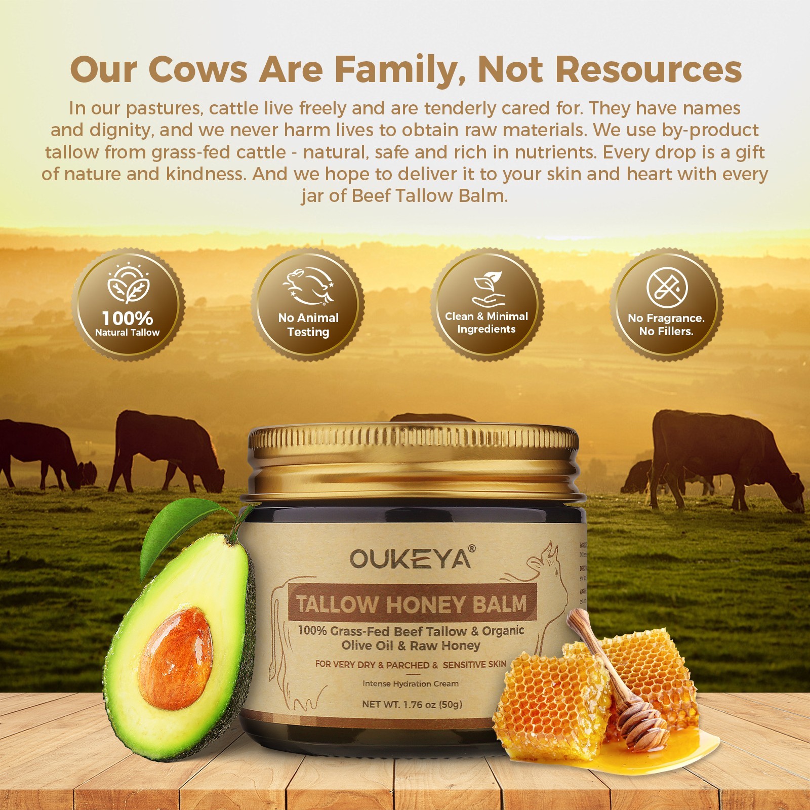 OUKEYA Organic Grass-Fed Beef Tallow Balm with Raw Honey Skin Moisturizer 50g