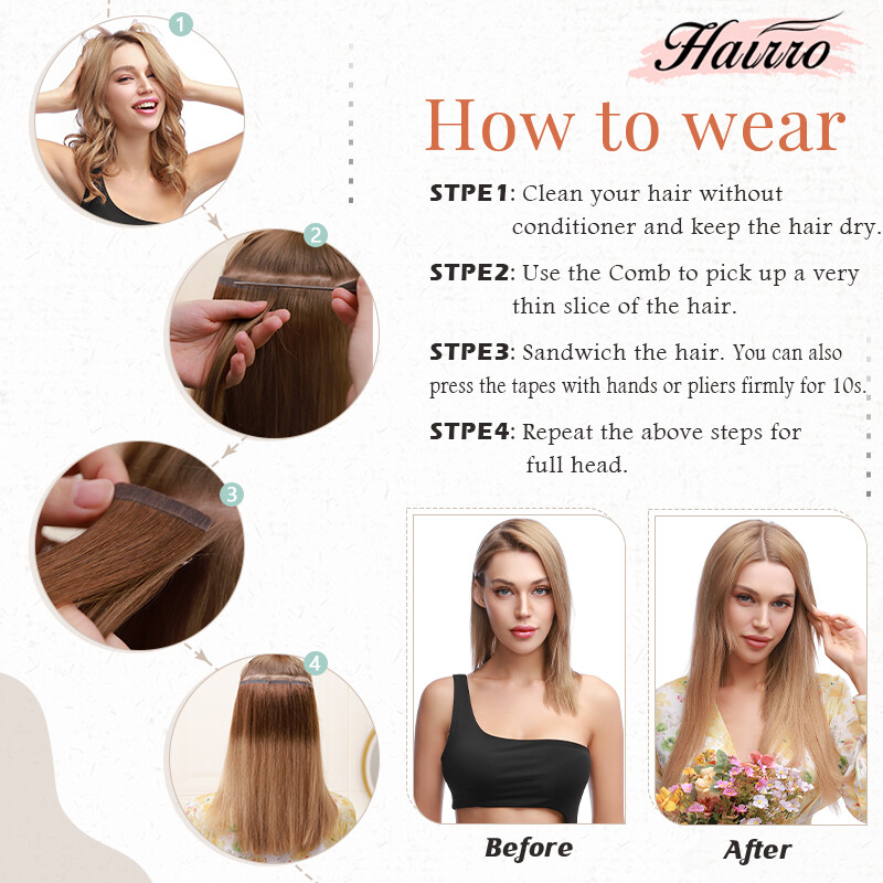 HAIRRO-USA Tape In 100% Human Hair Extensions Invisible Remy Hair Thick End 50GR