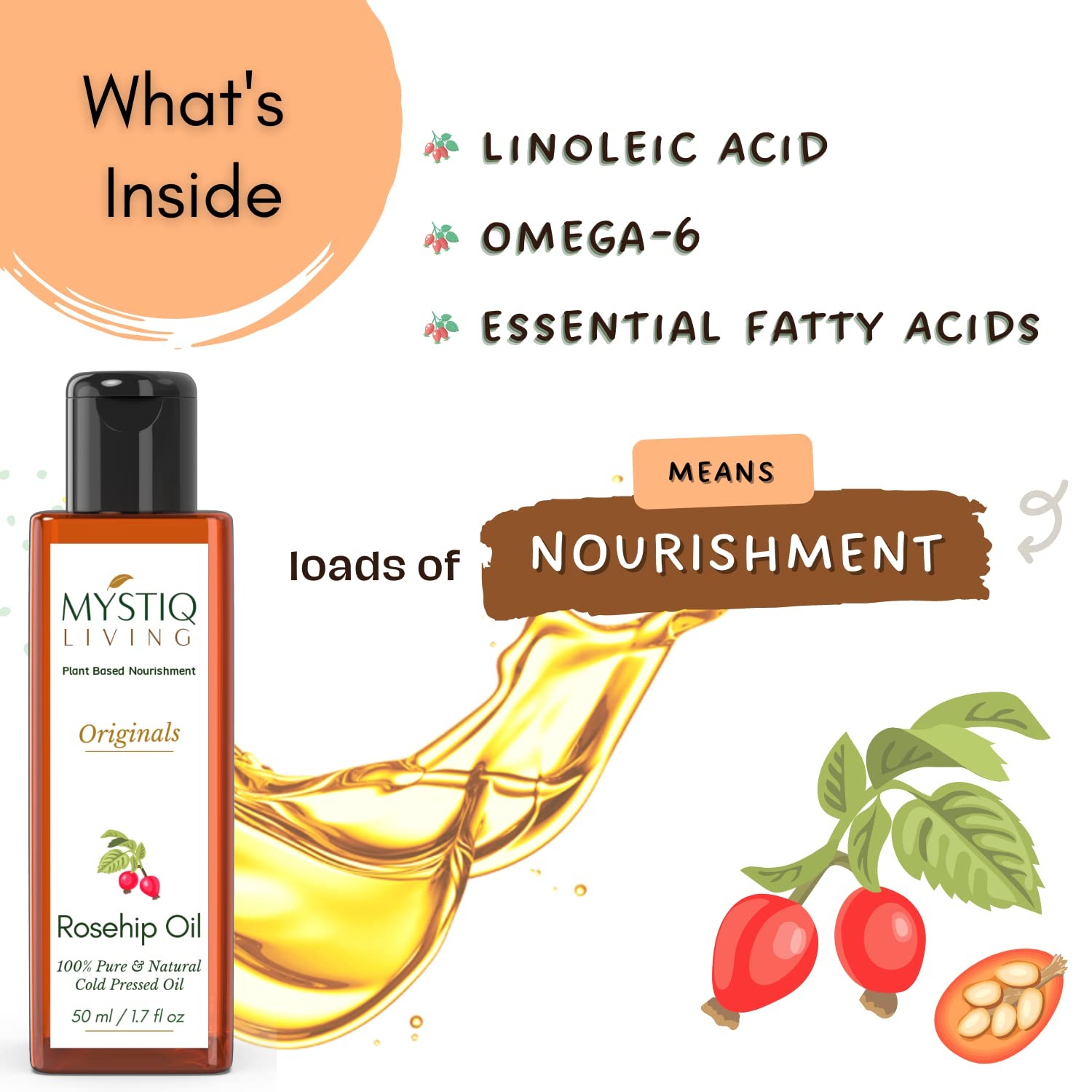 Mystiq Living Rosehip Oil For Glowing Skin And Smooth Hair 50ml