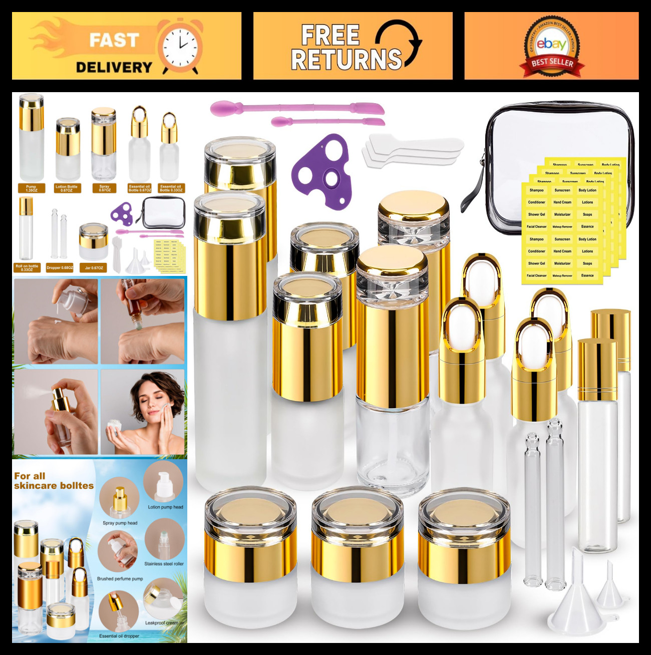 30 Pack TSA Approved Travel Containers Set – Refillable Jars, Pumps & Oil Bottle