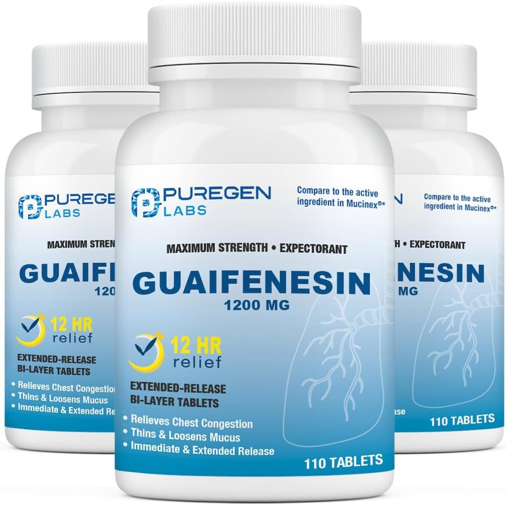 Puregen Labs Mucus Relief 12 Hour Guaifenesin 1200mg 110 Tablets 3 pack