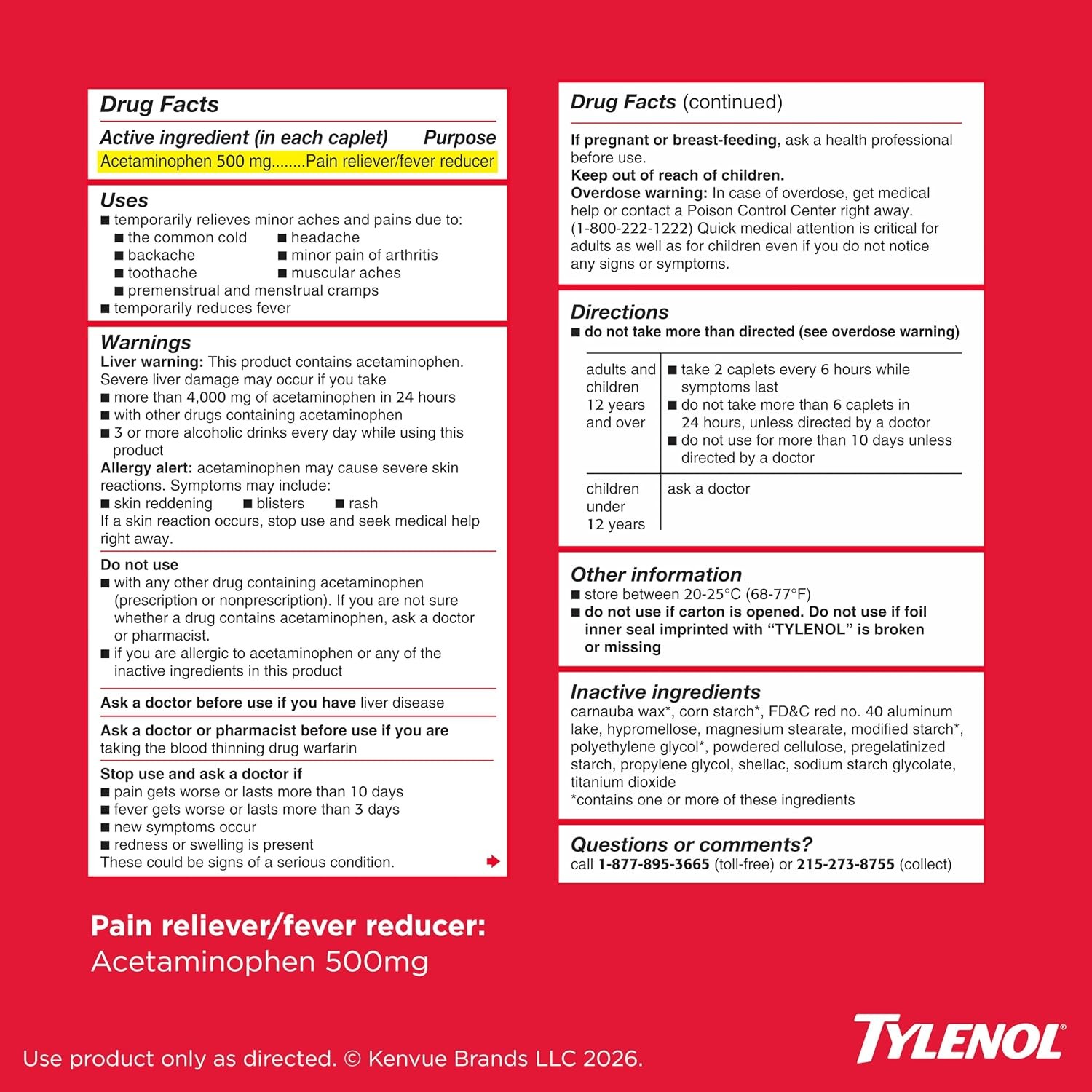 TYLENOL Extra Strength Pain Reliever Caplets – 500mg
