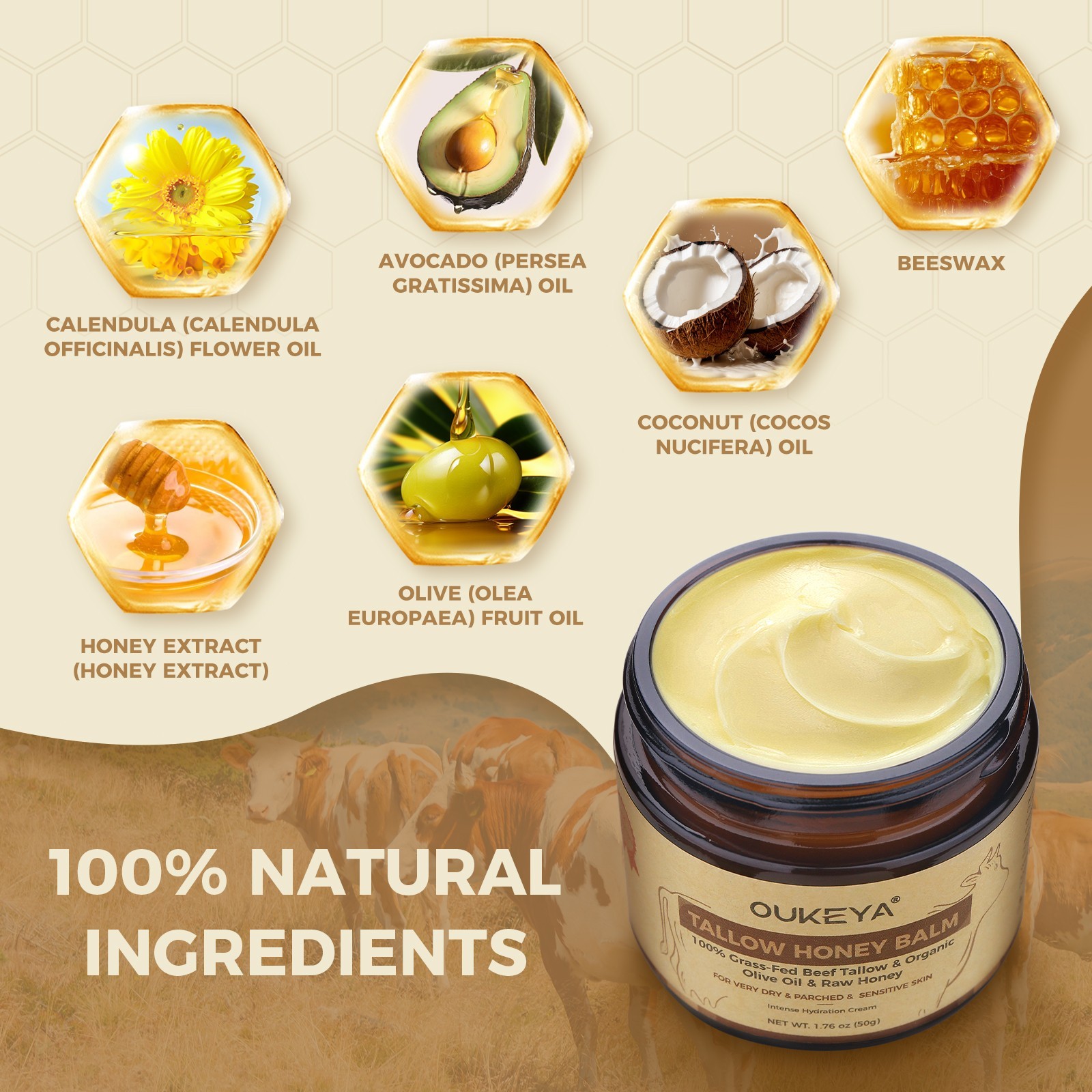 OUKEYA Organic Grass-Fed Beef Tallow Balm with Raw Honey Skin Moisturizer 50g