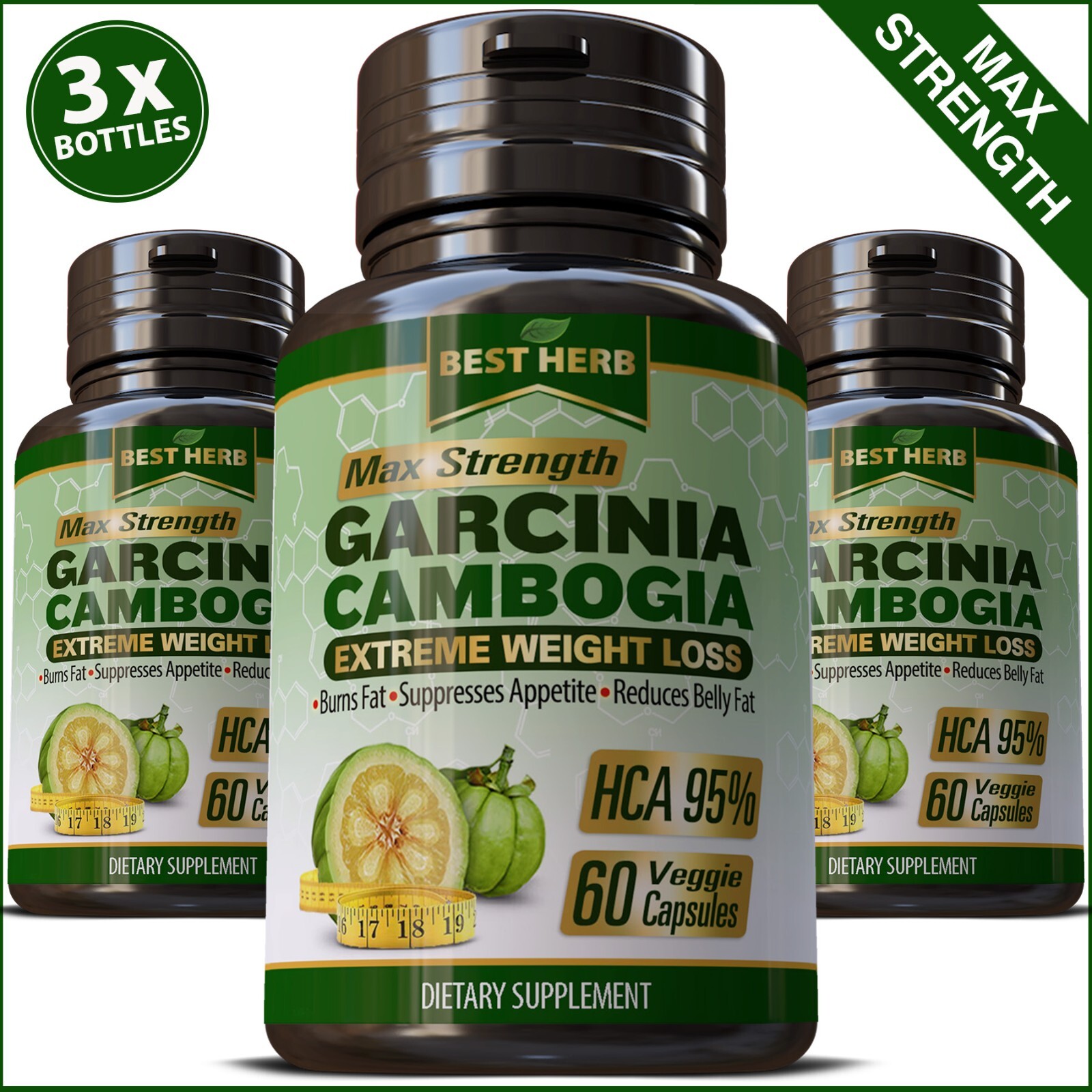 3 x BOTTLES 180 Capsules 3000mg Daily GARCINIA CAMBOGIA HCA 95% Weight Loss Diet