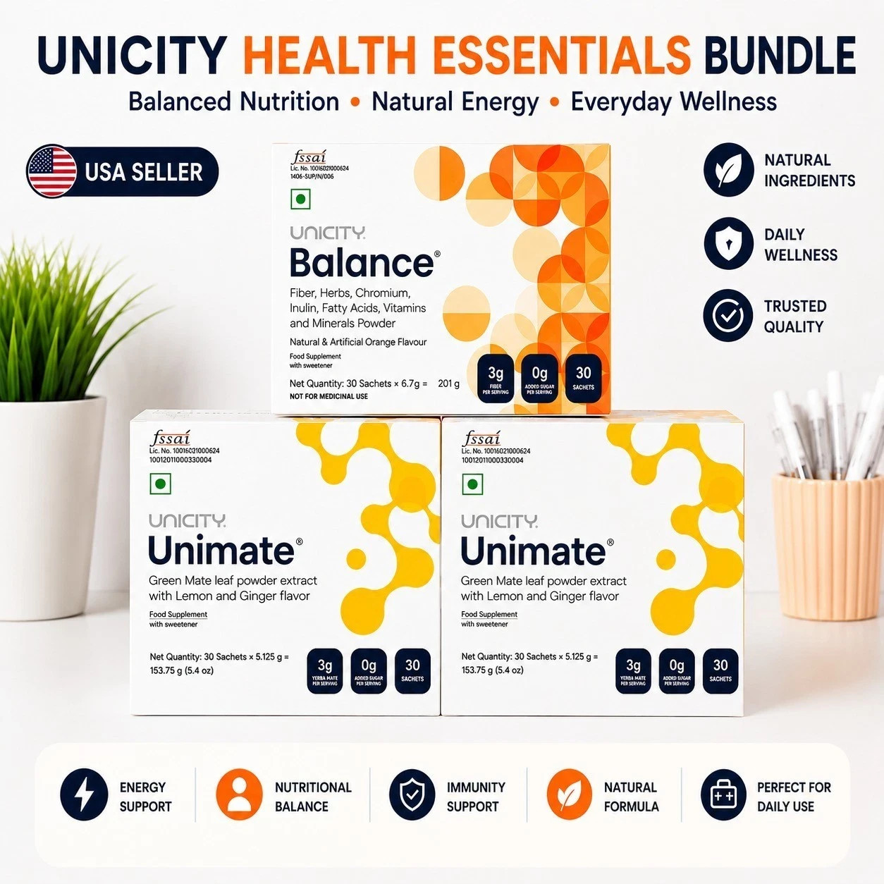 Unicity UniMate & Balance Combo Pack | Energy, Gut & Metabolism | 60+30 Sachets