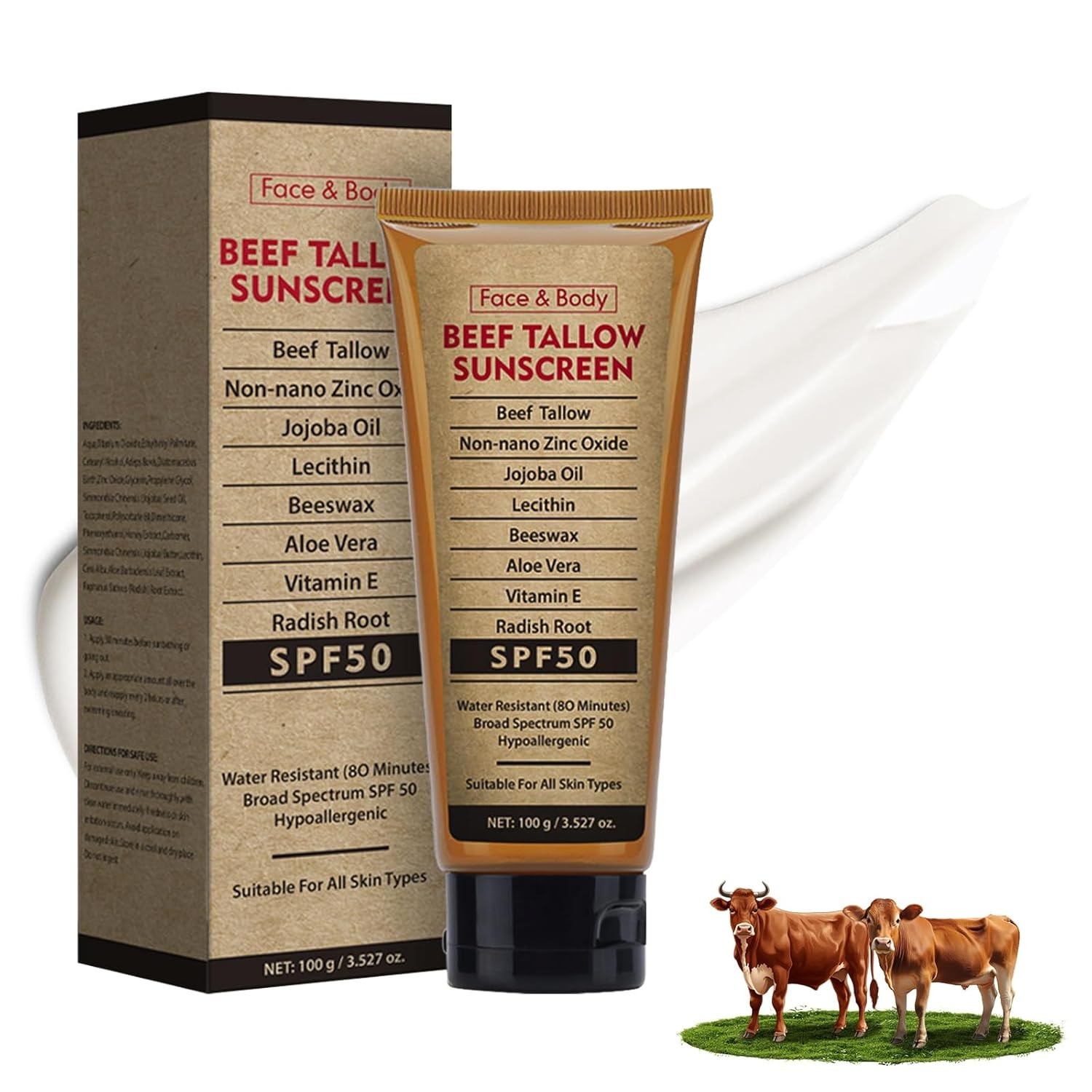 Beef Tallow Sunscreen with Zinc Oxide for Body Facial, Non-Toxic Natural Mine…