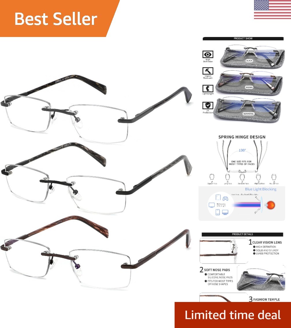 3 Pack Rimless Blue Light Blocking Reading Glasses for Men – 1.25X Magnification
