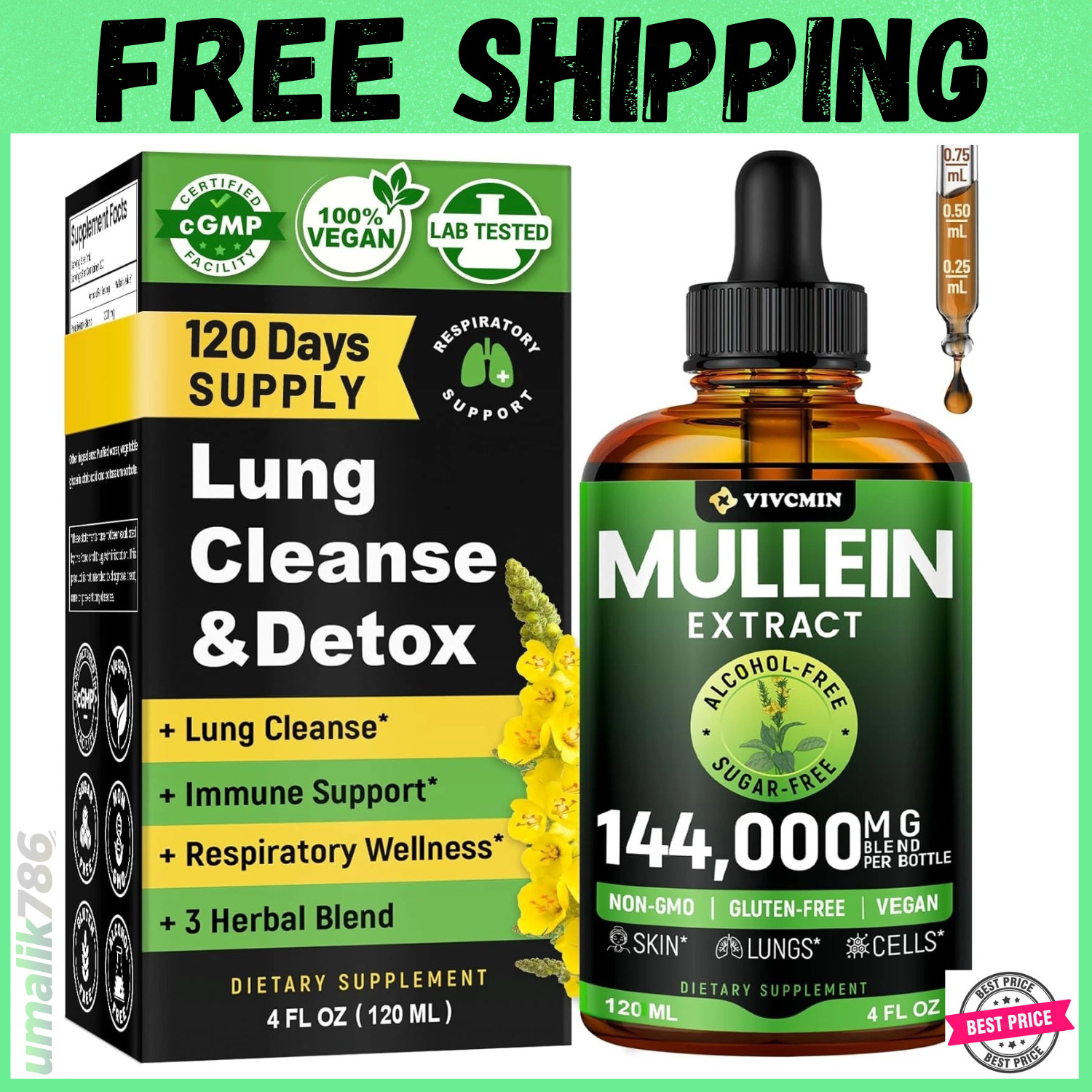 Mullein Drops for Lungs – USDA Organic Liquid – Mullein Leaf Extract Supplement