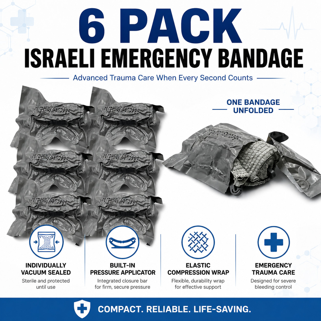 6 PACK 4″ Trauma Bandage Emergency Israeli Style Battle Wound Dressing First Aid