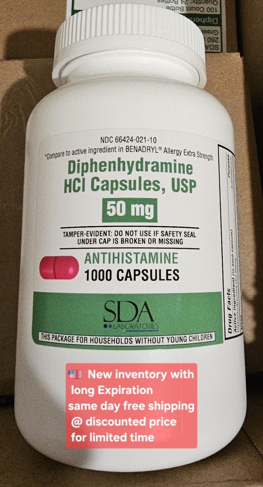 DIPHENHYDRAMINE 50MG 1000ct capsules, SDA LABS, Allergy Relief