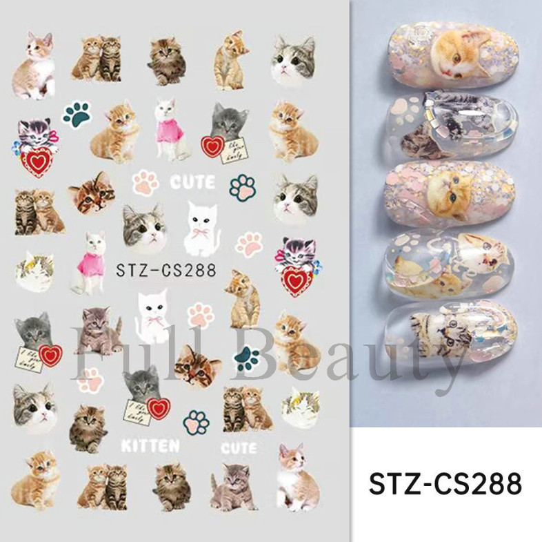 3 Sheets Cat Kitten Footprint Nail Stickers 3D Self-Adhesive Cartoon Animal NS2