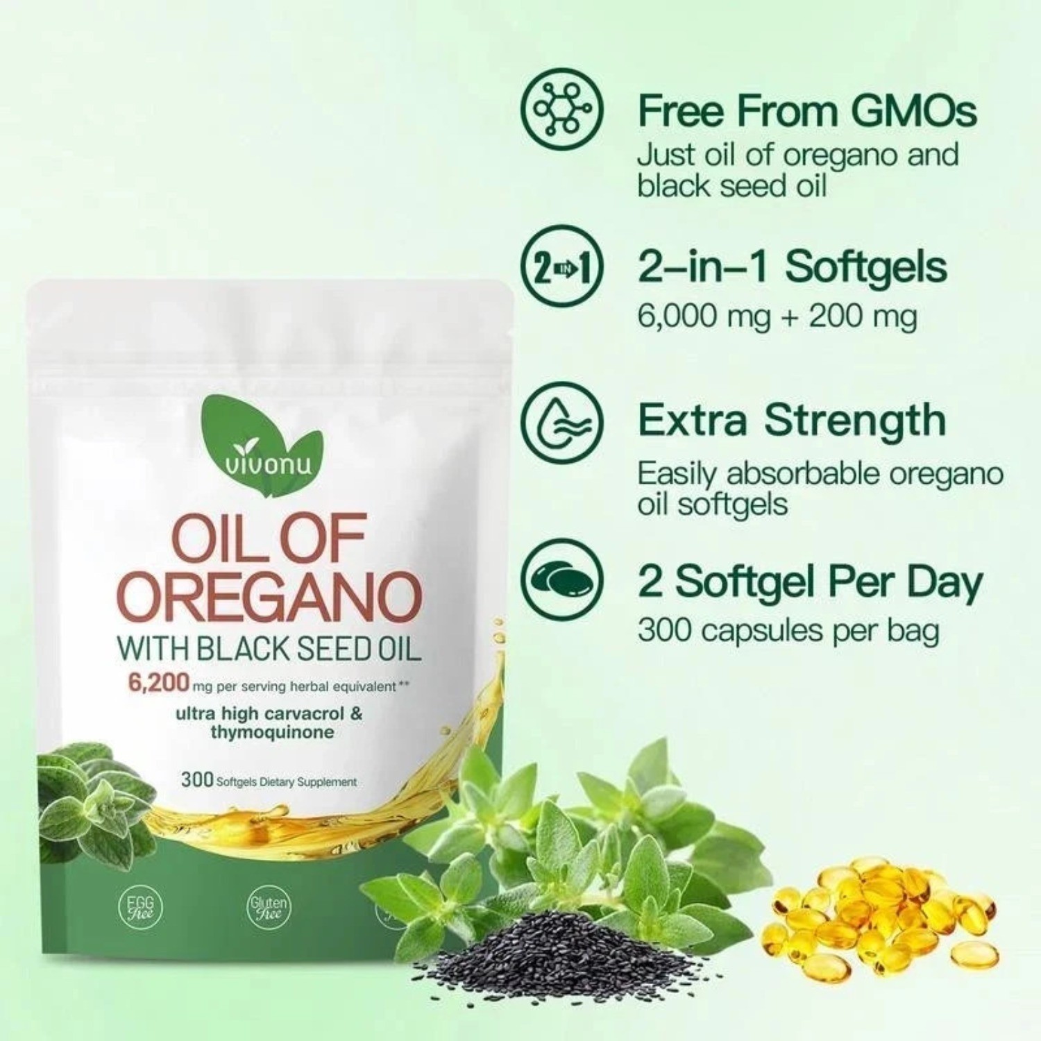 2PCS NEW Oregano Oil 6200mg with Black Seed Oil Immune Boosting Softgels