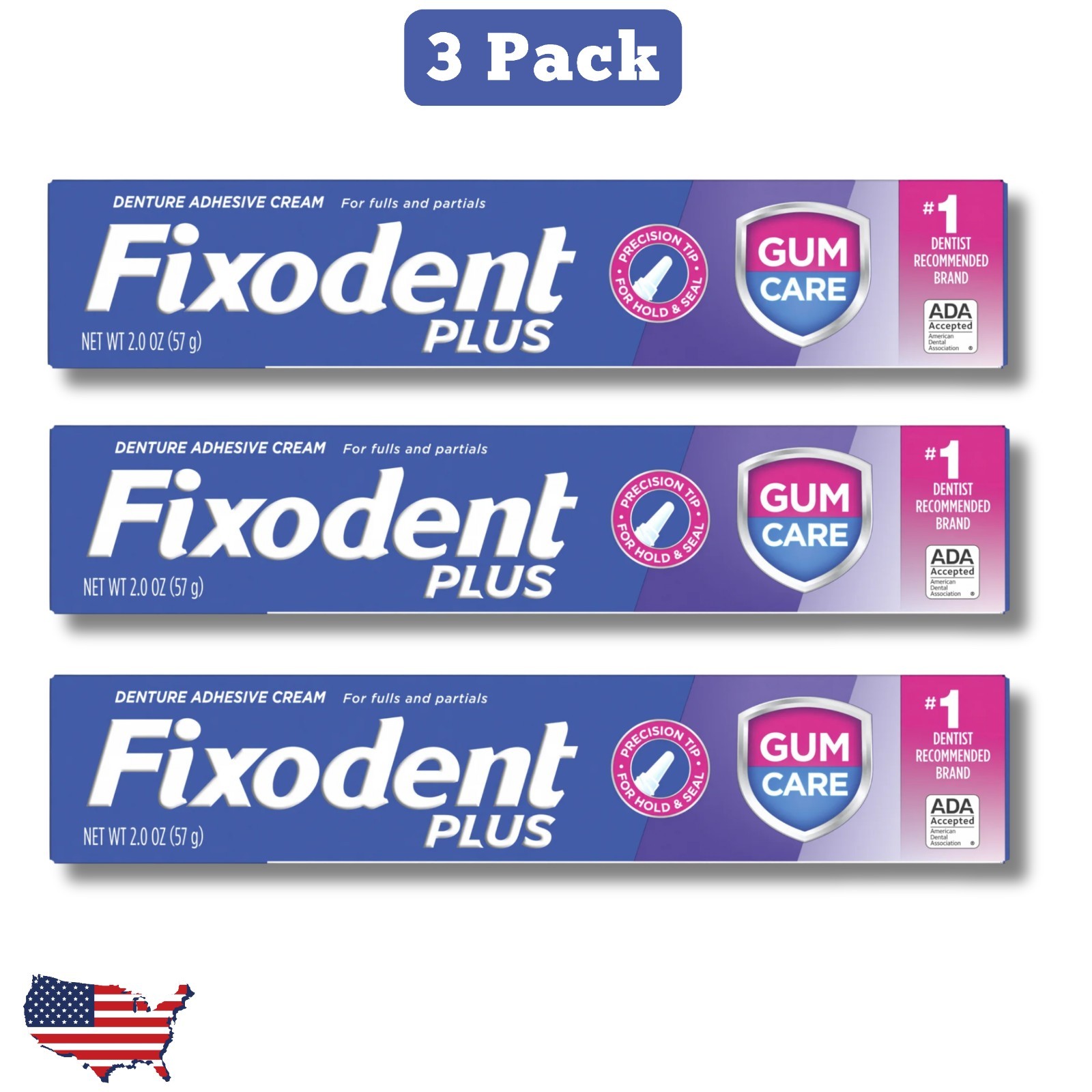 3 Pack Fixodent Plus Denture Adhesive, Precision Hold, Gum Care. 2.0 oz, – NEW
