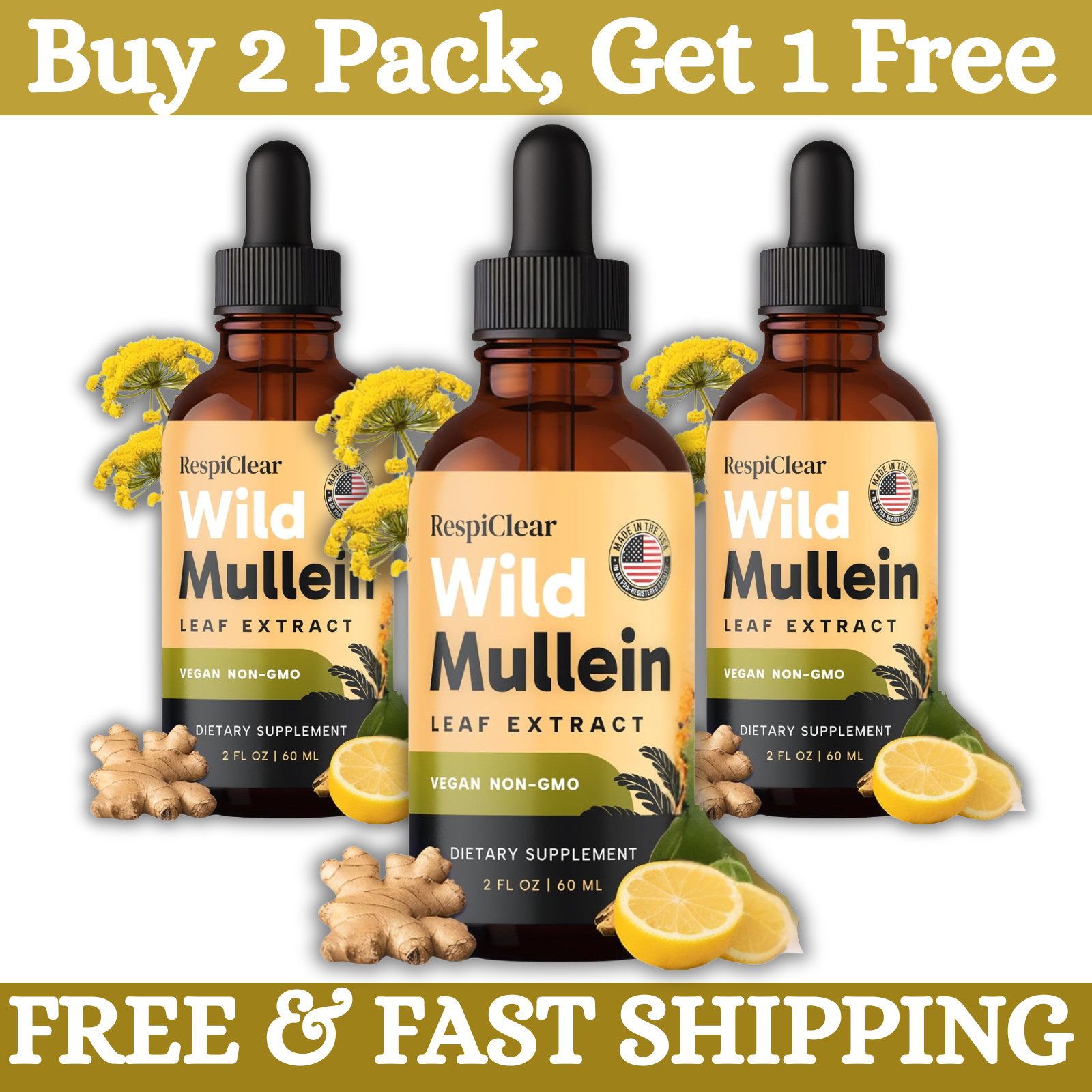 RespiClear Wild Mullein Leaf Extract Liquid Drops Vegan Non-GMO Lemon 2+1FREE