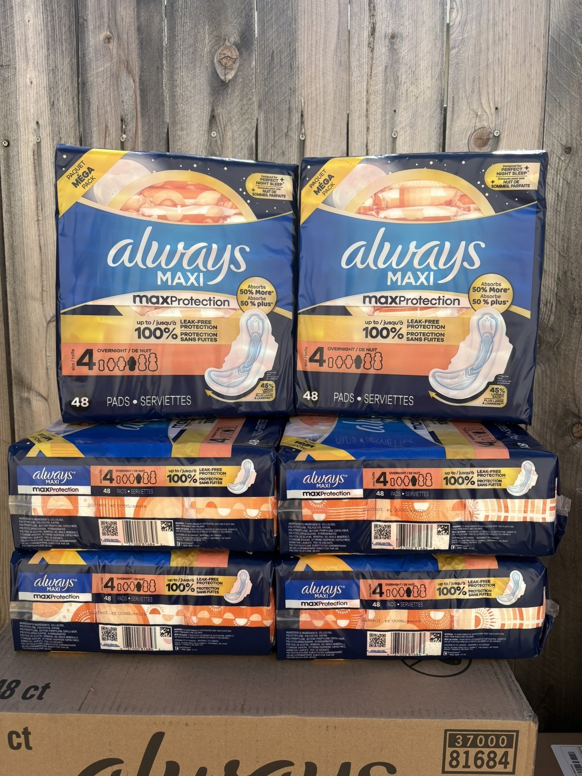 6-PACK , Always Maxi Overnight Pads with Wings, Size 4, 48 Count, 288 total