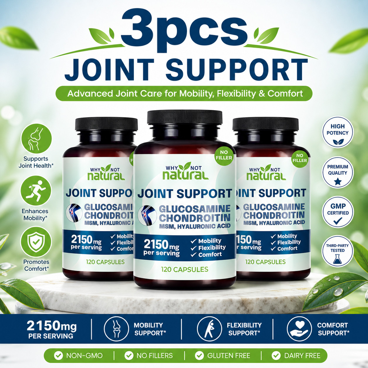 Why Not Natural Glucosamine Chondroitin MSM Joint Support Supplements – 360 Caps