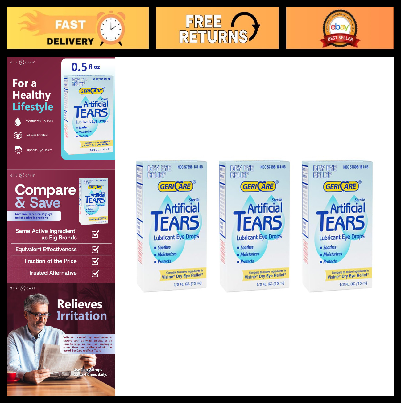 Soothing Artificial Lubricating Eye Drops – Long Lasting Hydration, 3 Pack (15ml