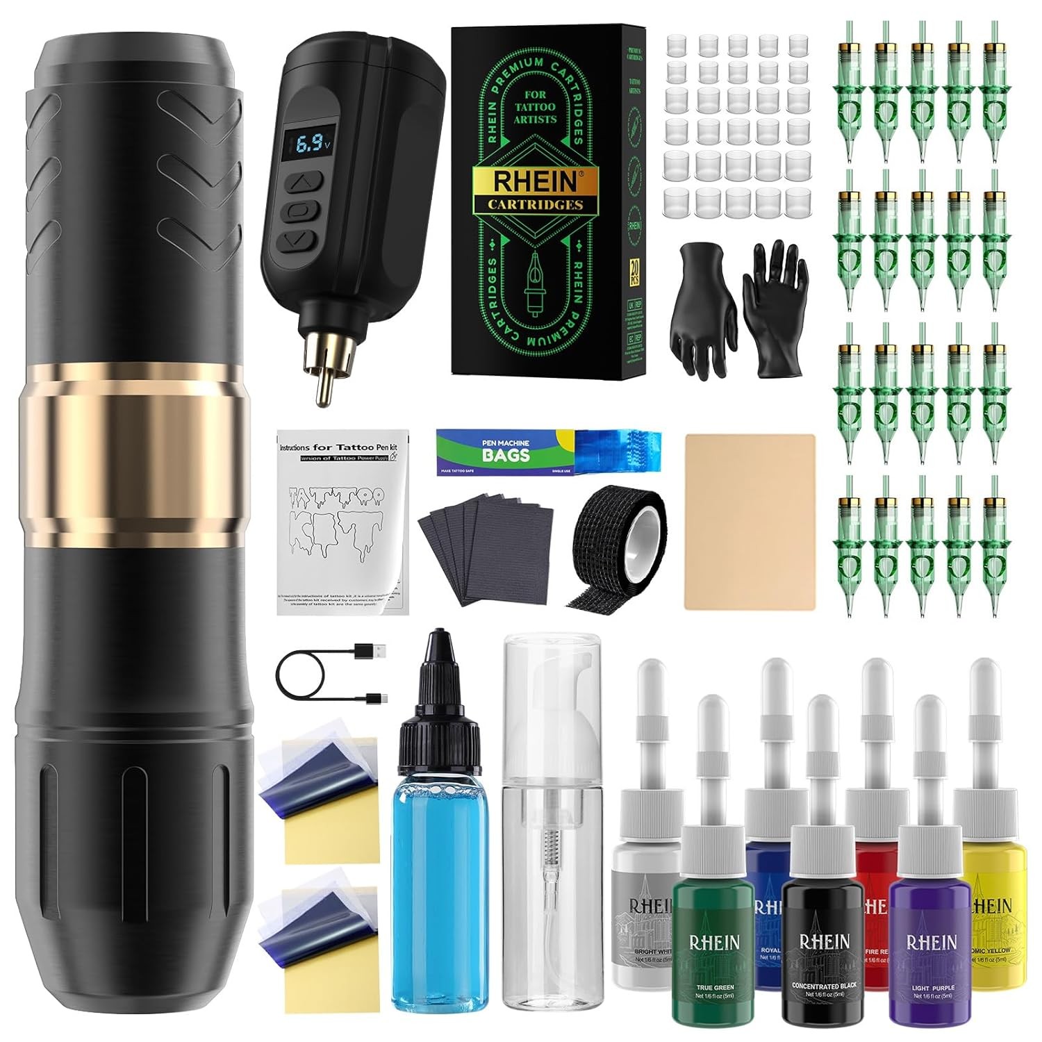 Tattoo Gun Kit Wireless Rotary Tattoo Machine Pen Kit with 1PCS Battery and 20 P