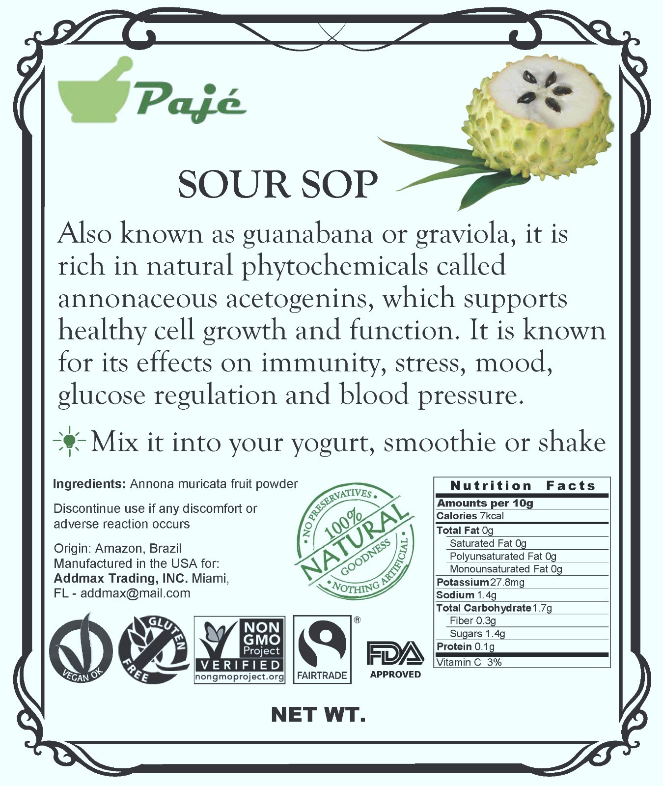SOURSOP FRUIT powder 4oz 8oz 16oz 32oz 4lb 5lb 10lb Guanabana Graviola – Paje