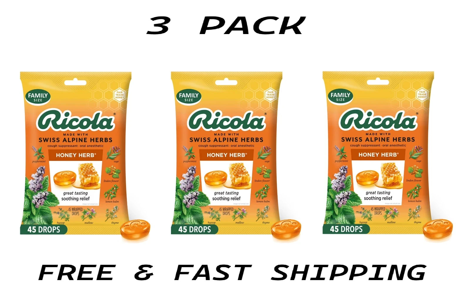 Honey Herb Cough Drops Sore Throat Cough Relief Value Pack 45 Count 3 PACK