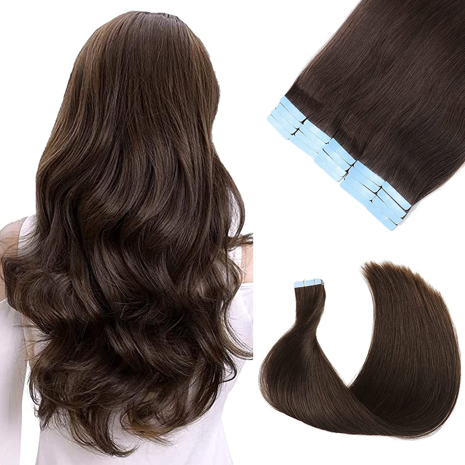 Seamless Tape in Human Hair Extensions Skin Weft Remy Hair Dark Brown 16in 20pcs