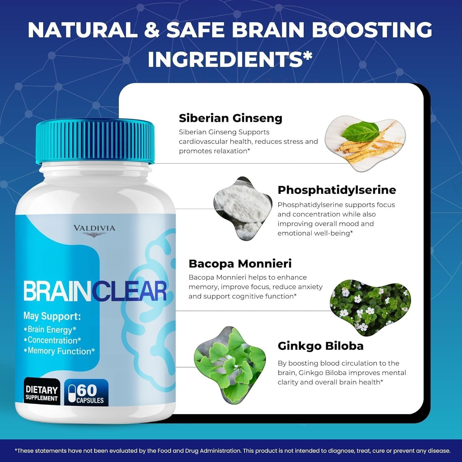 Brain Clear Memory Focus Supplement Capsules Nootropic Daily 1 Pack 60Ct
