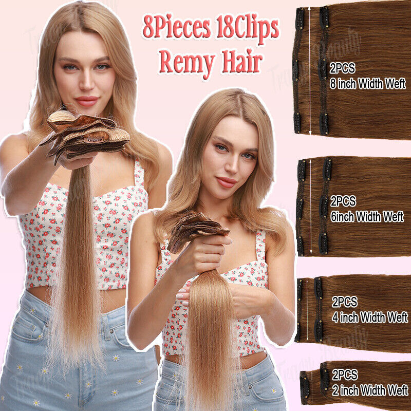 Clip in 8 Pieces 100% Remy Human Hair Extensions Full Head Straight 16″18″20″
