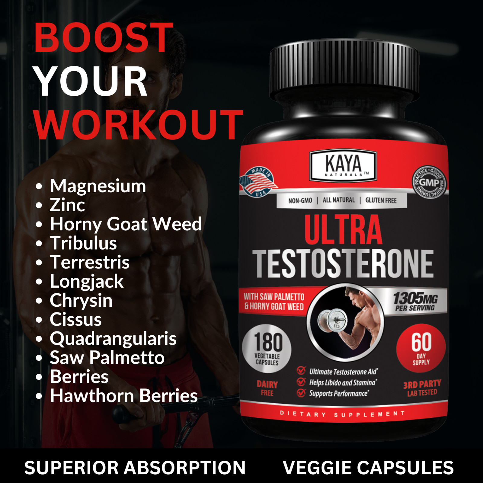 Natural Testosterone Booster 180ct Increase Male Energy Improve Muscle Strength