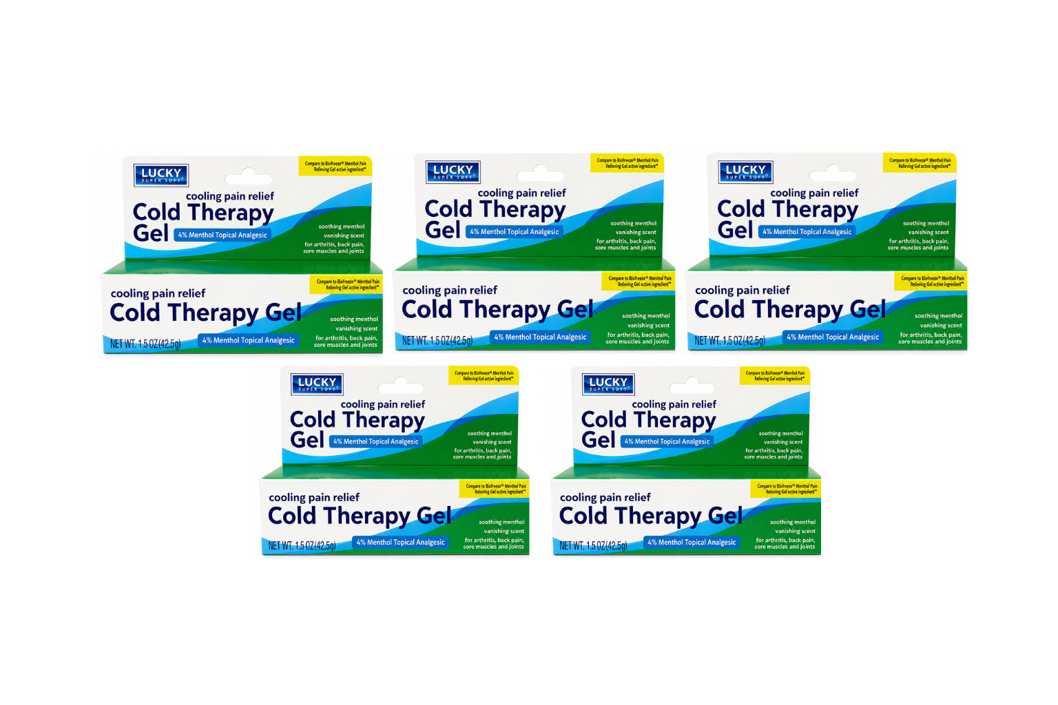 Lucky Super Soft Cold Therapy Gel 5 Pack 4% Menthol Pain Relief 1.5 oz Each