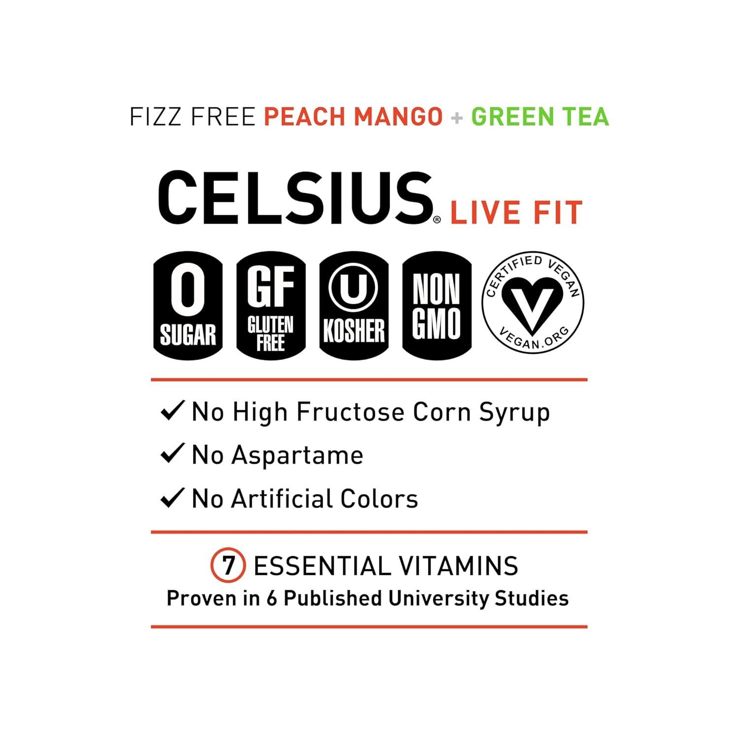 CELSIUS Peach Mango Green Tea, Functional Essential Drink 12 Fl Oz (Pack of 12)