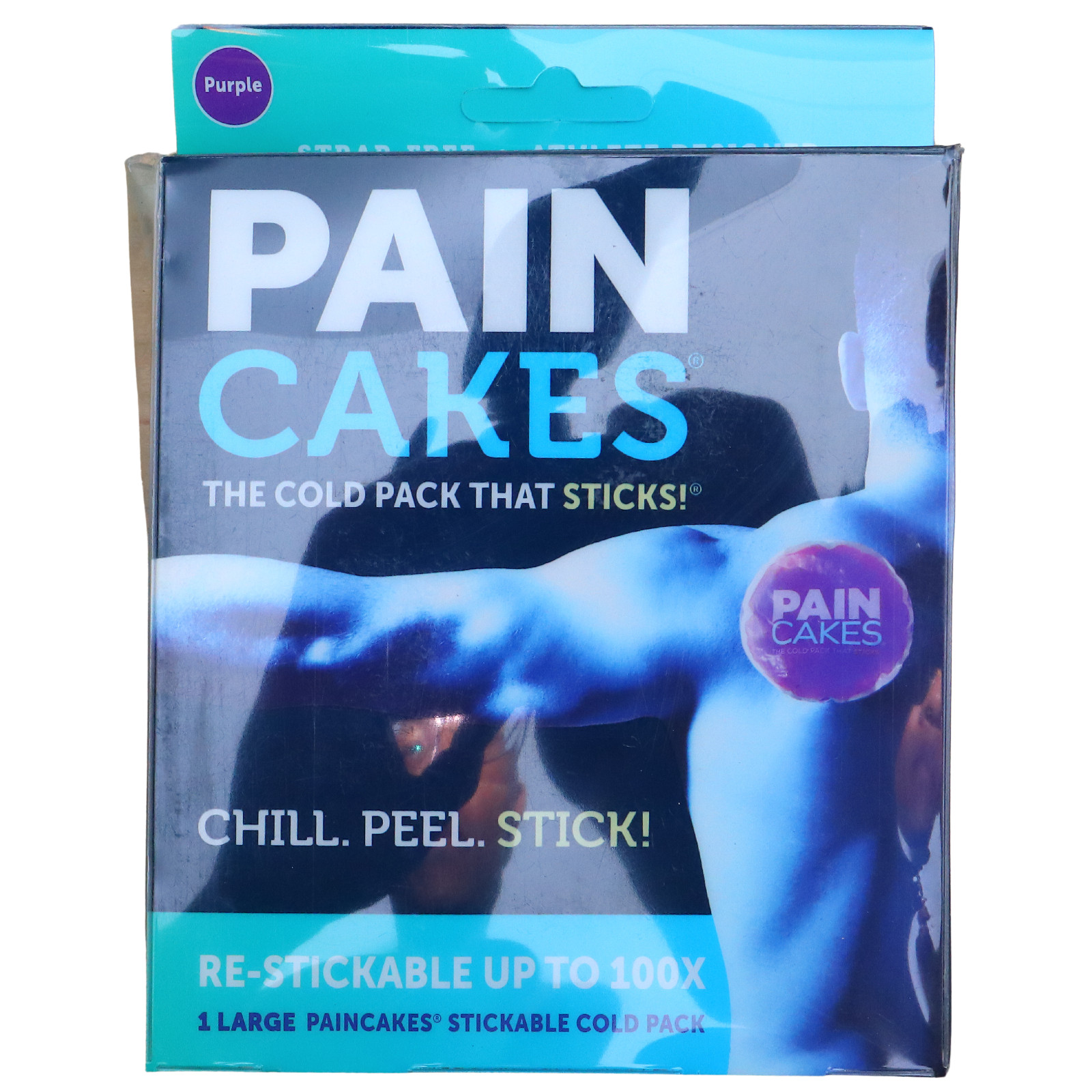 PainCakes® The Cold Pack That Sticks! Large 5″ Reusable 1 Pack Strap Free Purple