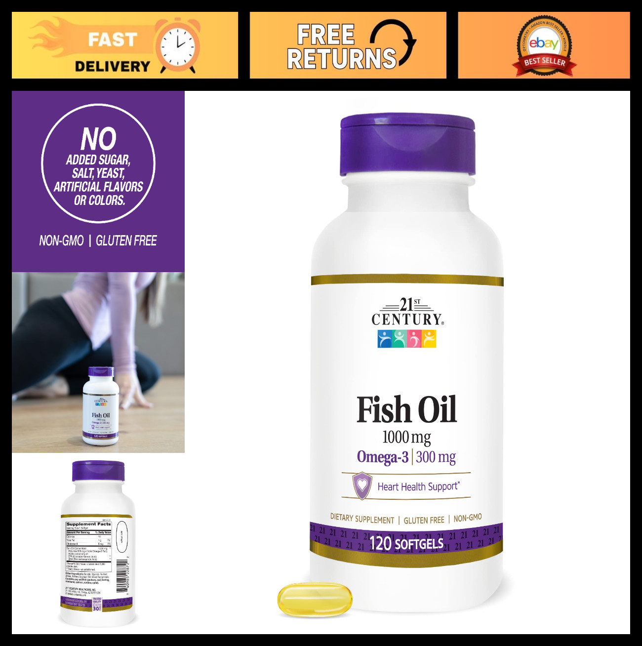 High-Potency Fish Oil 1000mg Softgels – 120 Count Omega-3 Supplement for Heart H