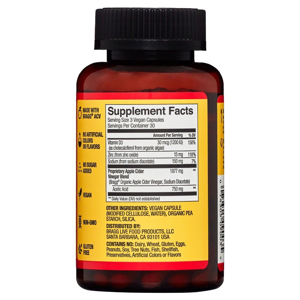 Bragg Apple Cider Vinegar Immune System Support Vitamin D3 Zinc 90 Capsules