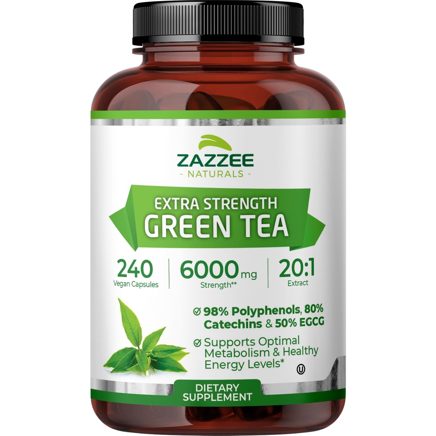 Zazzee Green Tea 20:1 Extract, 6000 mg Strength, 50% EGCG, 240 Capsules, Kosher